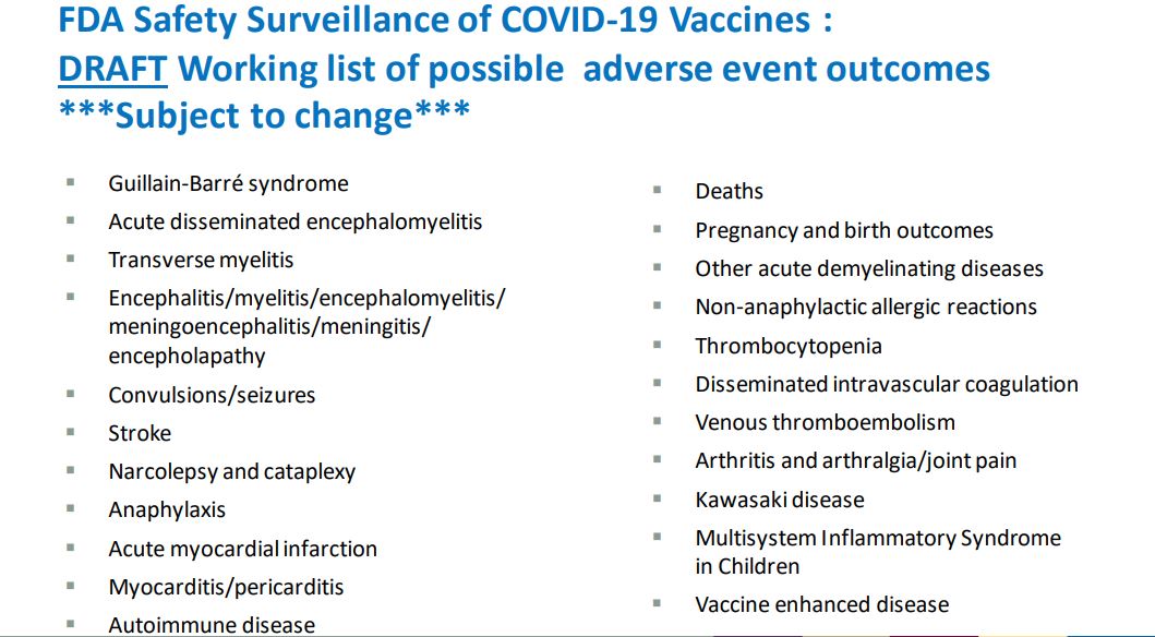 Working list of possible adverse event outcomes for COVID-19 vaccines